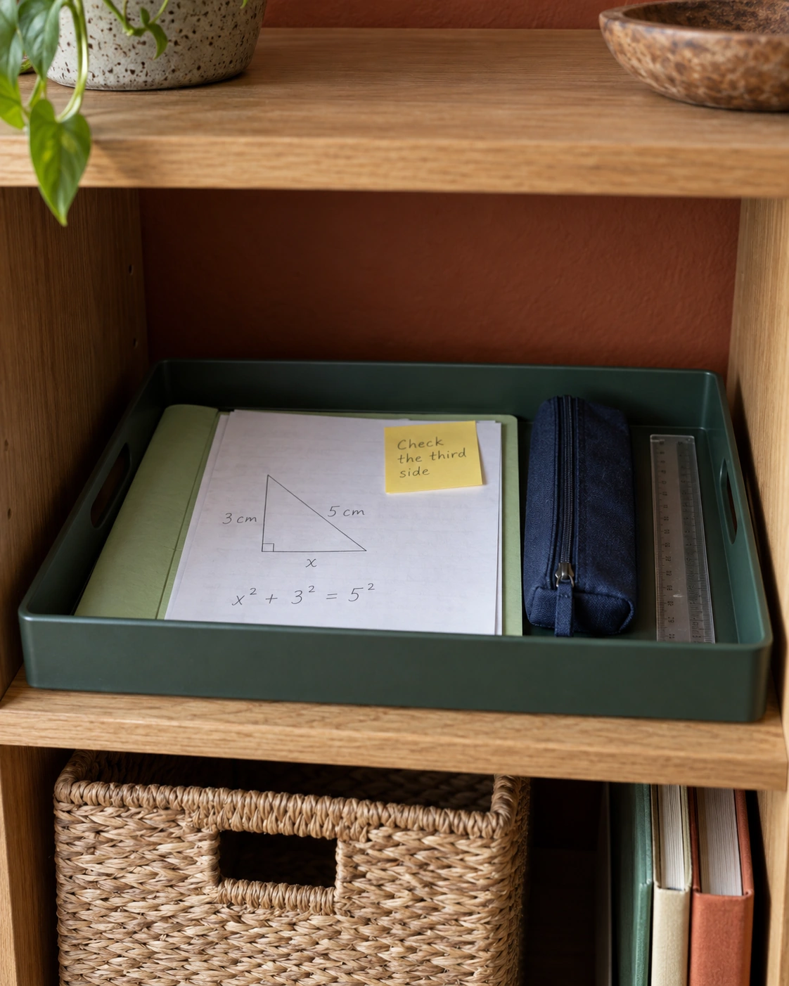 A homework tray on a shelf keeps an unfinished triangle exercise and its next-step note together