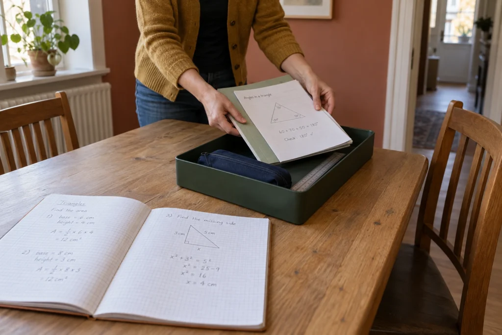 A parent gathers an unfinished homework task into a shallow tray before clearing the dining table